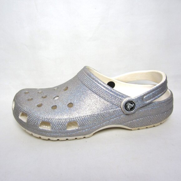 CROCS Classic Clog Women's 11 Silver Glitter Shimmer EUC Sparkle - Picture 2 of 13
